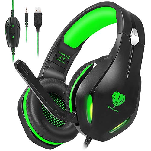 Stynice Cascos Gaming, Cascos PS4 con Microfono per PC/PS5/Xbox One/Laptop/Mac-Stereo Surround Headset con Cuffie morbide con Jack da 3,5 mm LED Verde (Cavo Splitter Incluso)