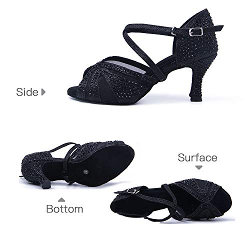 Syrads Zapatos de Baile Latino para Mujer Salsa Tango Bachata Vals con Pedrería Zapatos de Baile de Salón Suela Blanda 1050