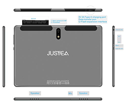 Tablet 10 Pulgadas Android 10.0 Tableta Ultra-Portátiles - RAM 4GB | 64GB Expandible (Certificación Google GMS) -JUSYEA - Batería de 8000mAh- WiFi - Cubierta - Gris