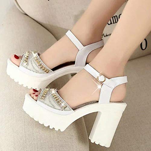 Tacones Altos Sexy 8 Cm Sandalias con Punta Abierta Mujer Verano 2019 con Plataforma Tallas Grandes Blanco Sandalias CuñAs Mujer para Vestir Zapatos Tacón Ancho con Hebilla POLP