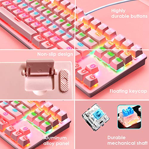 Teclado mecánico para juegos, mouse de juego con cable ultraligero programable 12000DPI, juego de almohadillas para ratones, teclado rosa con cable 87 teclas, retroiluminado RGB, para juegos o trabajo