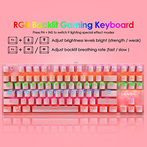 Teclado mecánico para juegos, mouse de juego con cable ultraligero programable 12000DPI, juego de almohadillas para ratones, teclado rosa con cable 87 teclas, retroiluminado RGB, para juegos o trabajo