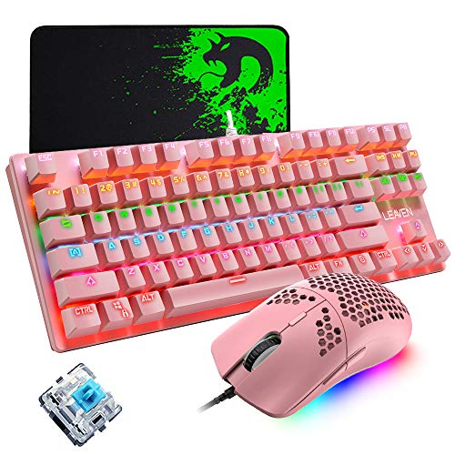 Teclado mecánico para juegos, mouse de juego con cable ultraligero programable 12000DPI, juego de almohadillas para ratones, teclado rosa con cable 87 teclas, retroiluminado RGB, para juegos o trabajo