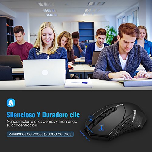 TOPELEK Ratón Gaming Inalámbrico Clic Silencioso 7 Botones USB portátil PC 2.4G óptico inalámbrico 2400 DPI 5 Niveles de ajuste con receptor nano para Windows Mac MacBook Linux-Ultra Ahorro de Energía