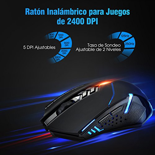 TOPELEK Ratón Gaming Inalámbrico Clic Silencioso 7 Botones USB portátil PC 2.4G óptico inalámbrico 2400 DPI 5 Niveles de ajuste con receptor nano para Windows Mac MacBook Linux-Ultra Ahorro de Energía