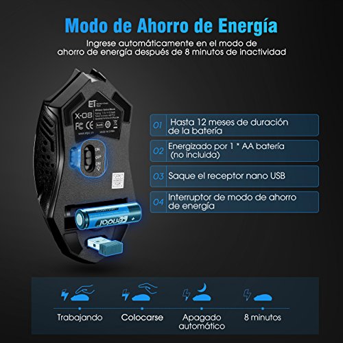 TOPELEK Ratón Gaming Inalámbrico Clic Silencioso 7 Botones USB portátil PC 2.4G óptico inalámbrico 2400 DPI 5 Niveles de ajuste con receptor nano para Windows Mac MacBook Linux-Ultra Ahorro de Energía