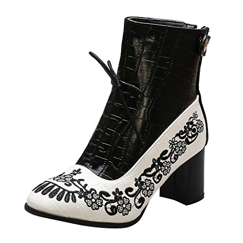 TOPKEAL Botines con Flores Bordadas Vintege Botas Tacón Gruso con Cordones Cremallera de Mujer Hechas a Mano Negro 35.5