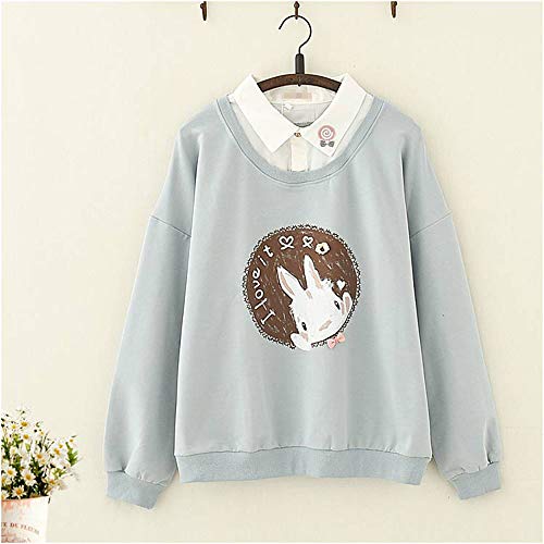 Ulzzang Niña Adolescente Sencillo Todo Blanco Linda Conejito Conejo Impresión Diseño Kawaii Pequeña Collar Detalle Cálido Cómodo Mangas largas Capucha