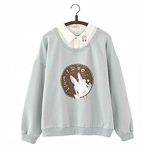 Ulzzang Niña Adolescente Sencillo Todo Blanco Linda Conejito Conejo Impresión Diseño Kawaii Pequeña Collar Detalle Cálido Cómodo Mangas largas Capucha