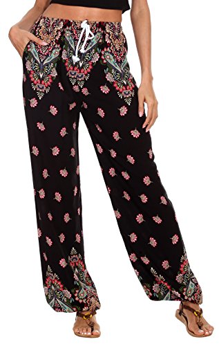 Urban GoCo Mujeres Casual Pantalones Harem Boho de Impreso Cintura de Cordón Pantalón (Medium, 10)