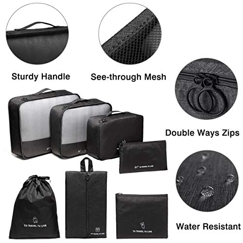 VASCHY Organizador Zapatos,7 en 1 Set Organizador de Maletas Bolsas de Equipaje Cubos de Embalaje Viaje Bolsas de Almacenamiento para Ropa Zapatos Cosméticos Negro