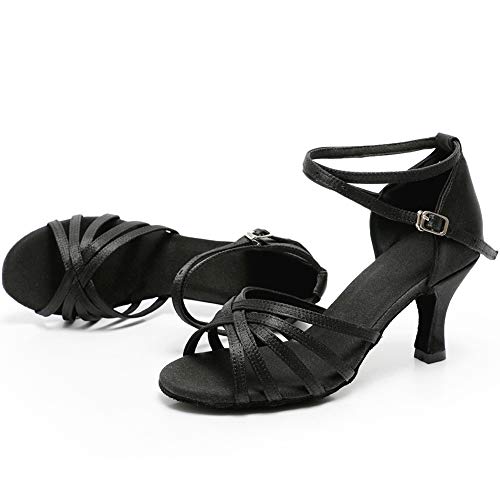 VASHCAME-Zapatos de Baile Latino de Tacón Alto/Medio para Mujer Negro 41 (Tacón-7cm)