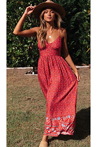 Vestido Maxi Floral para Mujer Vestidos De Playa Bohemios con Tirantes Finos De Verano Rojo L