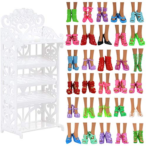 VILLAVIVI 1x Zapatero de plástico Muñeca Fashion + 40x Zapatos Accesorios como Regalo para 28 - 30 CM 11.5 Pulgadas Muñeca