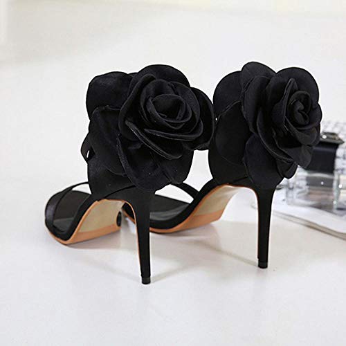 VJGOAL Verano de Las Mujeres Elegantes Sandalias Moda Sexy Tobillo Hebilla de la Flor súper Zapatos de tacón Alto Tacones Finos Sandalias Tacón de Aguja(38 EU,Negro)