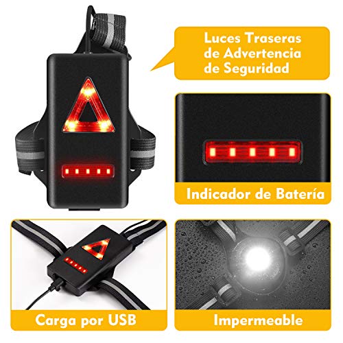 Volcano Eye Luz para Correr Running Lámpara de Pecho con Haz Ajustable de 500 Lúmenes Frontal LED de Seguridad Trasera Recargable USB Impermeable para Ciclismo Carrera Caza Acampada Montañismo