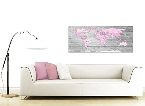 Wallfillers Lienzo decorativo para pared, diseño de mapa del Mundo Atlas (120 cm), color rosa y gris