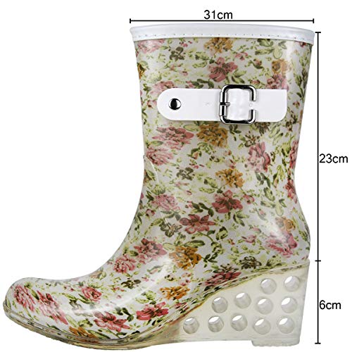 Wealsex Mujer Cuñas Cuatro Estaciones Moda Botas De Lluvia Transparente Zapatos De Agua Cremallera Lateral con Hebilla Antideslizantes Botas Impermeable (Flores,40)