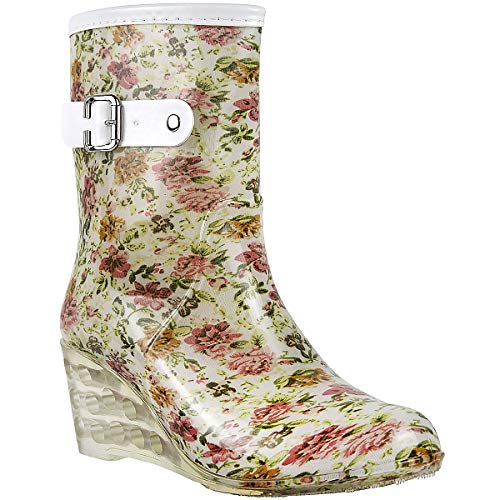 Wealsex Mujer Cuñas Cuatro Estaciones Moda Botas De Lluvia Transparente Zapatos De Agua Cremallera Lateral con Hebilla Antideslizantes Botas Impermeable (Flores,40)