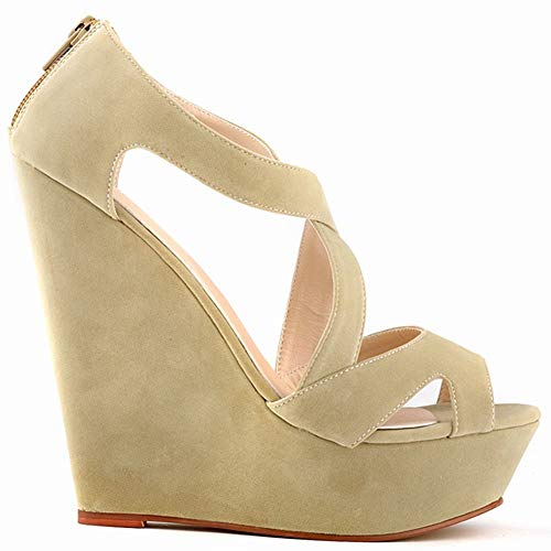 Wealsex Sandalias con Tacon Alto para Mujer Plataforma Gamuza Cremallera Trasera Sandalias de Cuña(Beige,42)