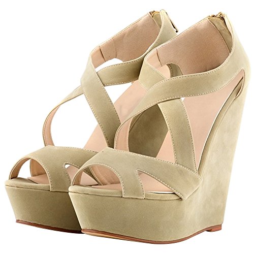 Wealsex Sandalias con Tacon Alto para Mujer Plataforma Gamuza Cremallera Trasera Sandalias de Cuña(Beige,42)