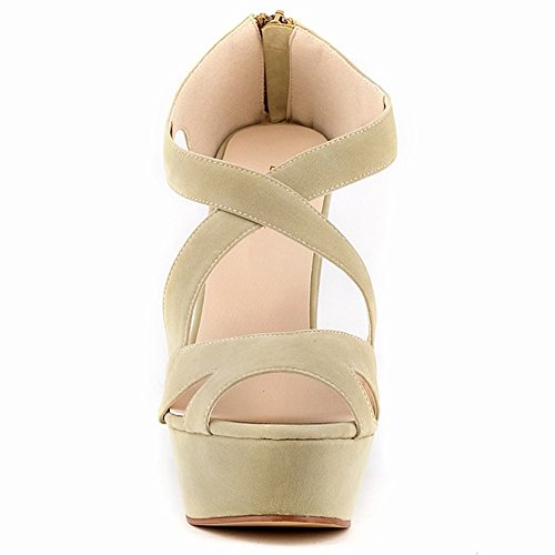 Wealsex Sandalias con Tacon Alto para Mujer Plataforma Gamuza Cremallera Trasera Sandalias de Cuña(Beige,42)