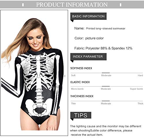 Weichunya Cráneo Diseño del traje de baño de la manga con cremallera Loog Surf traje de baño blanca impresa manera del traje de baño de las mujeres Maillot 3D Imprimir Fiesta de Halloween Horror Skele