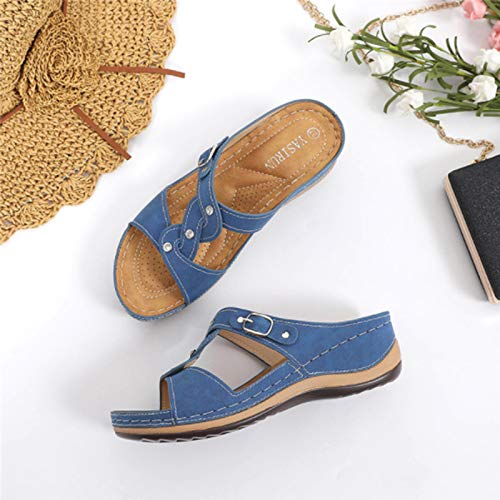 XKDWAN Mujer Sandalias de Cuña Verano Cruz Cuero Sandalias Plataforma Cuero Zapatillas de Playa Verano Sandalias de Cuña 35-43EU,Azul,39