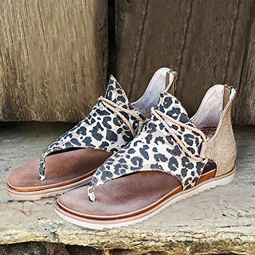 XXFZDCP Zapatos Sandalias de Gladiador para Mujer, Sandalias de tacón Plano con Estampado de Leopardo, Sandalias Planas de Verano, Sandalias de Tiras de Tobillo Vintage con Cremallera Cómodo Duradero