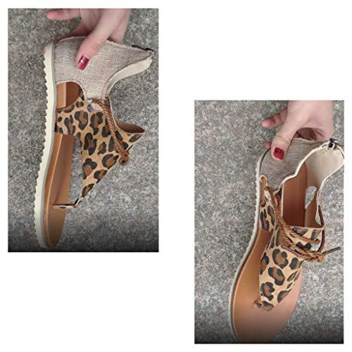 XXFZDCP Zapatos Sandalias de Gladiador para Mujer, Sandalias de tacón Plano con Estampado de Leopardo, Sandalias Planas de Verano, Sandalias de Tiras de Tobillo Vintage con Cremallera Cómodo Duradero