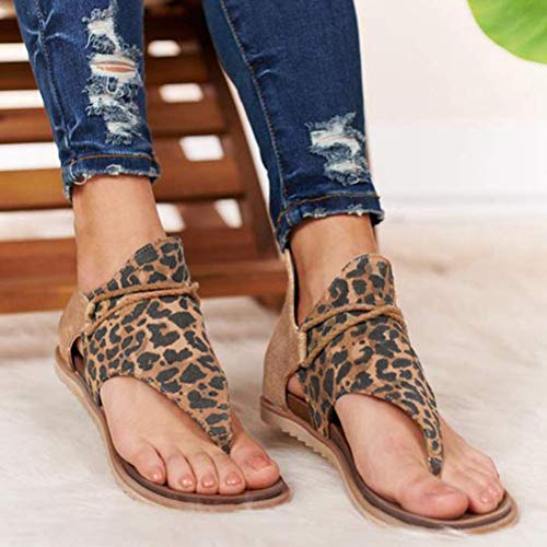 Yesgirl Mujer Sandalias Planas Casual Leopardo Zapatos De Verano Sandalias Mujeres Peep Toe Encaje Up Impresión Clip Toe con Cremallera Planas Playa Sandalias Y Leopardo 38 EU