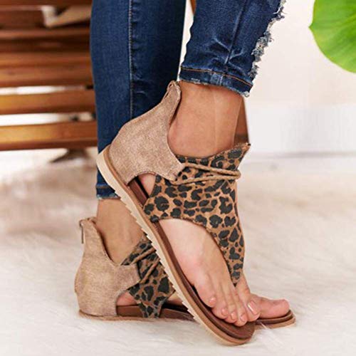 Yesgirl Mujer Sandalias Planas Casual Leopardo Zapatos De Verano Sandalias Mujeres Peep Toe Encaje Up Impresión Clip Toe con Cremallera Planas Playa Sandalias Y Leopardo 38 EU