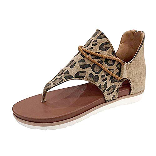 Yesgirl Mujer Sandalias Planas Casual Leopardo Zapatos De Verano Sandalias Mujeres Peep Toe Encaje Up Impresión Clip Toe con Cremallera Planas Playa Sandalias Y Leopardo 38 EU