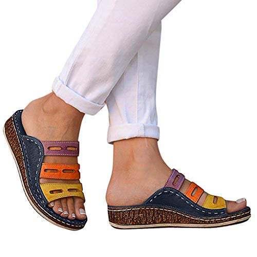 Yesmile Sandalias Mujer Verano Fondo Grueso Zapatillas Punta Abierta Cuero Fondo Plano Zapatos Bohemias Romanas Sandalias de Punta Descubierta