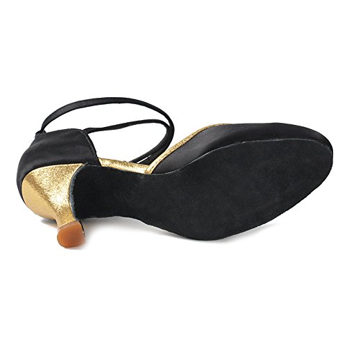 YKXLM Mujeres&Niña Zapatos latinos de baile Zapatillas de baile de salón Salsa Performance Calzado de Danza,ESWXCL-7,Negro+Oro color,EU 38.5