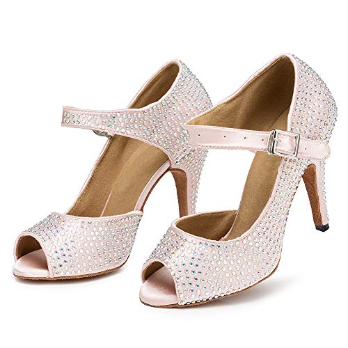 YKXLM Mujeres/Niñas Salón de Baile Latino Zapatos Rhinestones Señoras Salsa Latina Tango Correa Cruzada Suela de Ante,ESYCL126-7.5,Rosa,EU 39