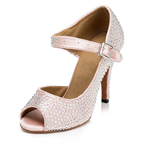 YKXLM Mujeres/Niñas Salón de Baile Latino Zapatos Rhinestones Señoras Salsa Latina Tango Correa Cruzada Suela de Ante,ESYCL126-7.5,Rosa,EU 39