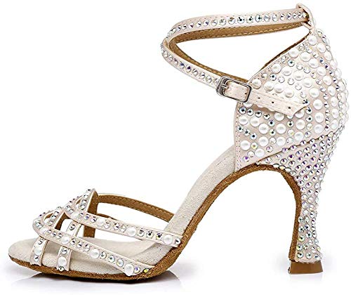 YKXLM Mujeres/Niñas Salón de Baile Latino Zapatos Rhinestones Señoras Salsa Latina Tango Correa Cruzada Suela de Ante,ESYCL379-7.5,Beige Color,EU 37