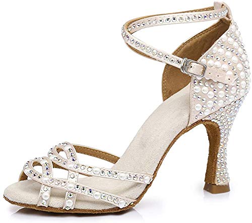 YKXLM Mujeres/Niñas Salón de Baile Latino Zapatos Rhinestones Señoras Salsa Latina Tango Correa Cruzada Suela de Ante,ESYCL379-7.5,Beige Color,EU 37