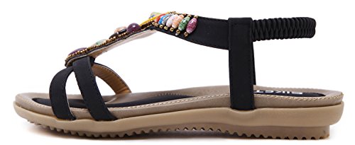 Yooeen Mujer Elegante Sandalias de Vestir Estilo Boho Rhinestone Abalorios Sandalias Planas Cómodo Elástico T-Correas Peep-Dedo Sandalias Talla Grande 35-45