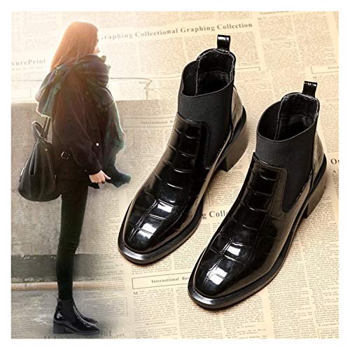 Youpin Botas de mujer de piel brillante con punta cuadrada, elásticas, con tacón medio, botas cortas y tobilleras Chelsea Botines gruesos (color: negro, talla de zapato: 36)