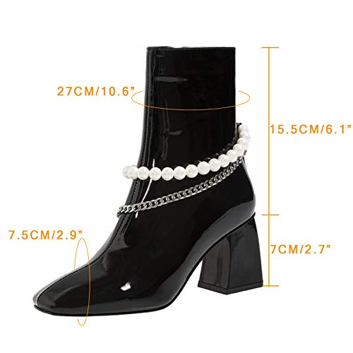 YQSHOES Botas De Mujer con Cuentas De Perlas De Charol De Vaca De Primera Capa Botines De Tacón Alto con Punta Cuadrada,Black 2,35EU/5US/3UK