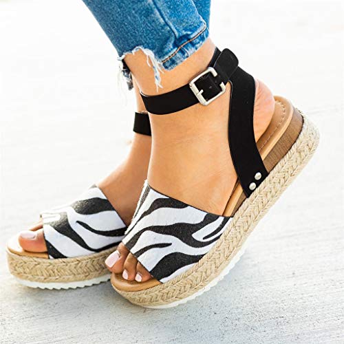 YWLINK Mujeres Sandalias,Europa Y America De Gran TamañO Leopardo,PatróN De Cebra De Gamuza Sandalias De Plataforma Correa De Hebilla Zapatos De Playa Viajes Aire Libre Zapatos Romanos(Negro,38EU)