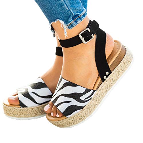 YWLINK Mujeres Sandalias,Europa Y America De Gran TamañO Leopardo,PatróN De Cebra De Gamuza Sandalias De Plataforma Correa De Hebilla Zapatos De Playa Viajes Aire Libre Zapatos Romanos(Negro,38EU)