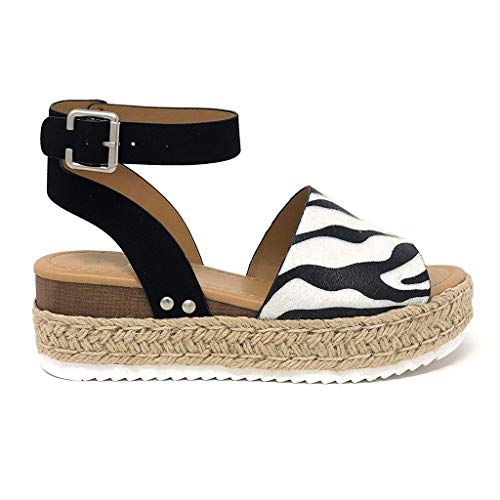 YWLINK Mujeres Sandalias,Europa Y America De Gran TamañO Leopardo,PatróN De Cebra De Gamuza Sandalias De Plataforma Correa De Hebilla Zapatos De Playa Viajes Aire Libre Zapatos Romanos(Negro,38EU)