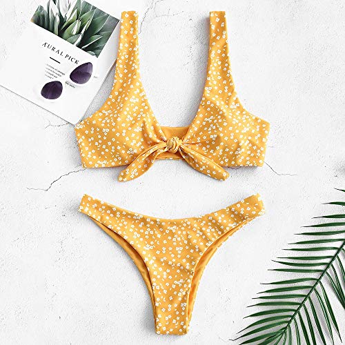 ZAFUL - Conjunto de bikini para mujer, diseño de flores, cintura baja, nudo delantero, dos piezas amarillo S