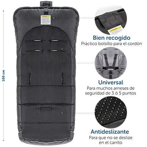 Zamboo Saco Silla Paseo Universal Invierno - Saco para Cochecito bebe antideslizante, forro polar térmico Deluxe, capucha tipo momia, reflectores y bolsa - Negro/gris