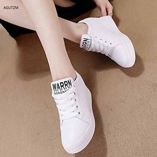 Zapatillas de cuña para Mujer, Zapatos Casuales de Cuero con Cordones, Zapatos Informales de tacón Oculto con Punta Redonda y Costura con Letras y Letras