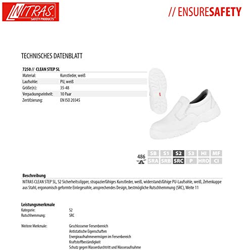 Zapatillas de Trabajo Nitras 7250 Clean Step I - Zapatilla de Seguridad S2 para Hombres y Mujeres - Zapatos Resistentes al Agua con Punta de Acero - Blanco, Tamaño 42