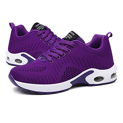 Zapatillas Deportivas de Mujer Air Cordones Zapatillas de Running Fitness Sneakers 4cm Púrpura-1 36